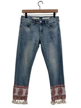 Pilcro Blue Cropped Jeans with Red Embroidered Hem and Tassels
